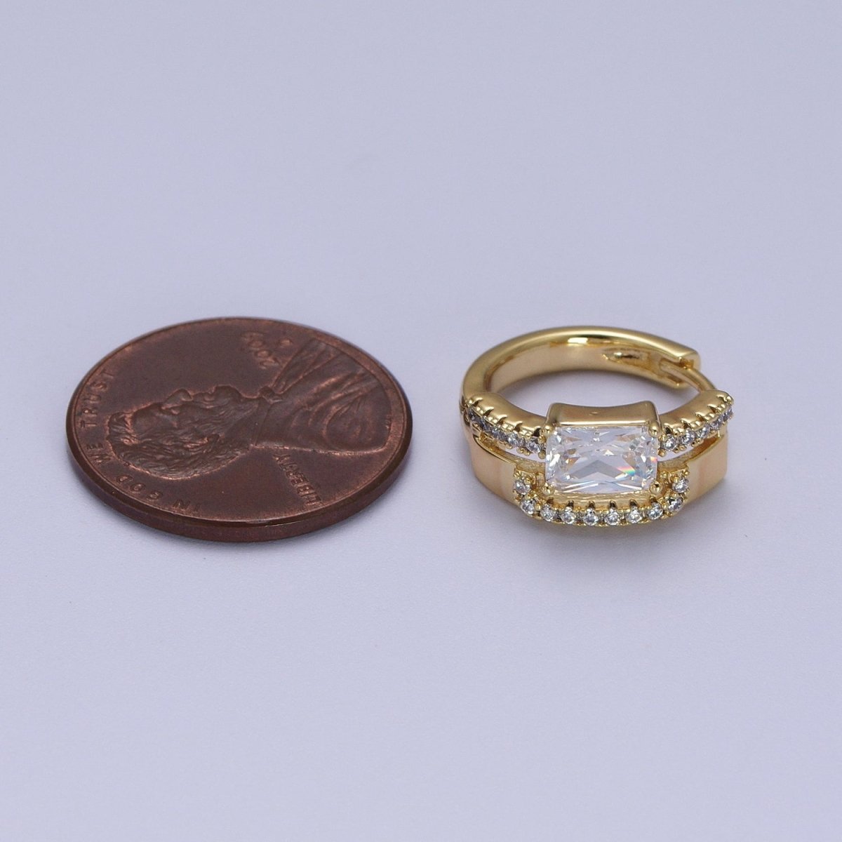 14K Gold Filled Clear Baguette Micro Paved Double Band Huggie Earrings | V-026