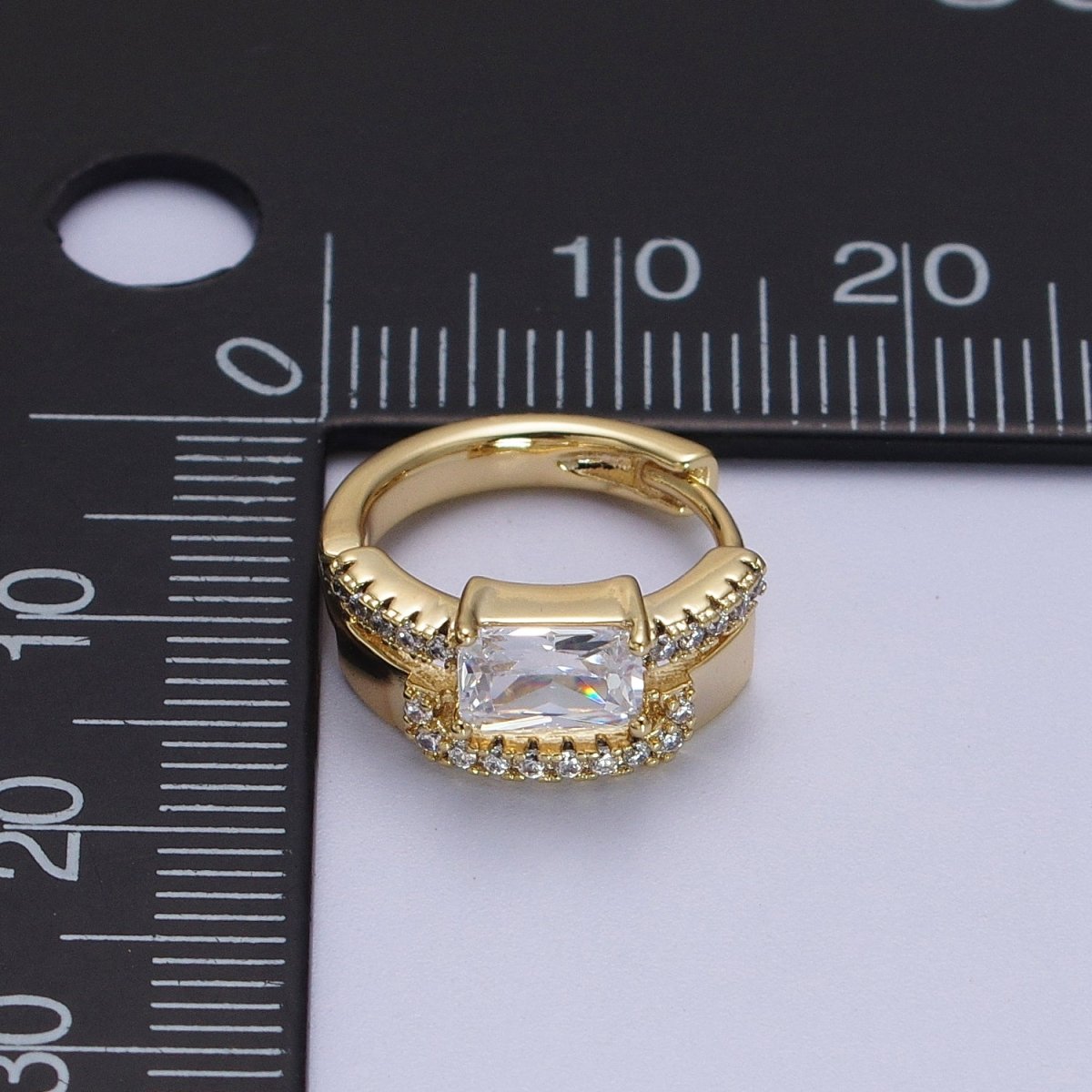 14K Gold Filled Clear Baguette Micro Paved Double Band Huggie Earrings | V-026