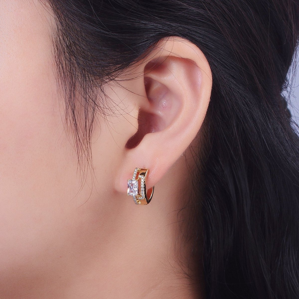 14K Gold Filled Clear Baguette Micro Paved Double Band Huggie Earrings | V-026
