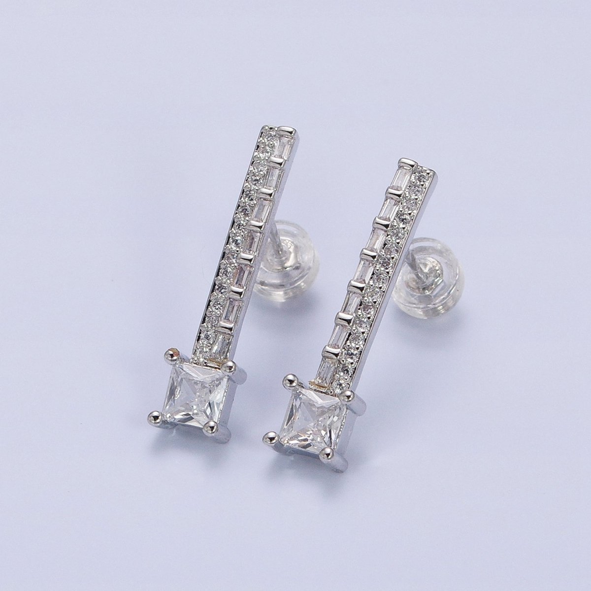 14K Gold Filled Clear, Blue Multicolor Baguette Micro Paved Square CZ Linear Drop Stud Earrings  in Gold & Silver | AB1519 - AB1522