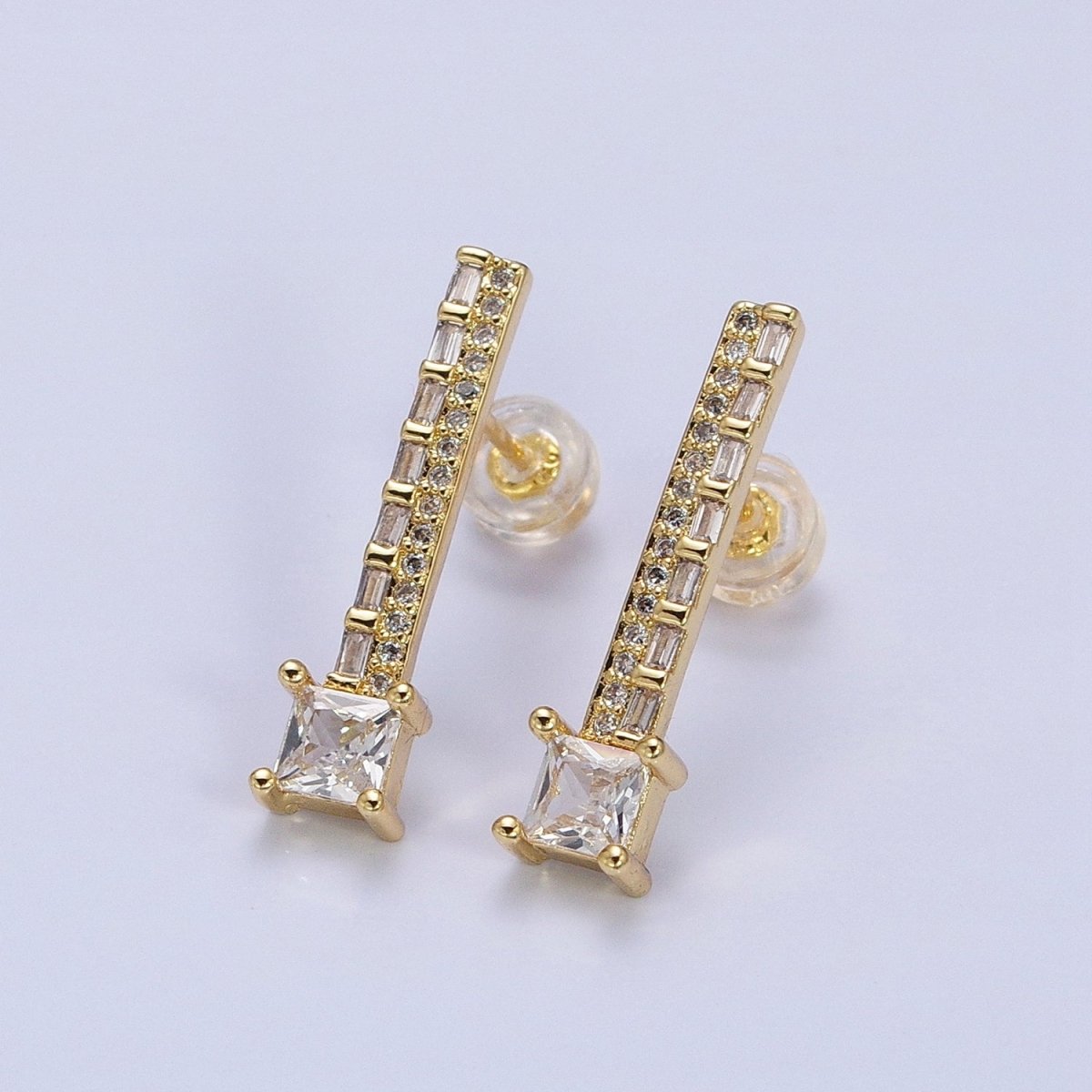 14K Gold Filled Clear, Blue Multicolor Baguette Micro Paved Square CZ Linear Drop Stud Earrings  in Gold & Silver | AB1519 - AB1522