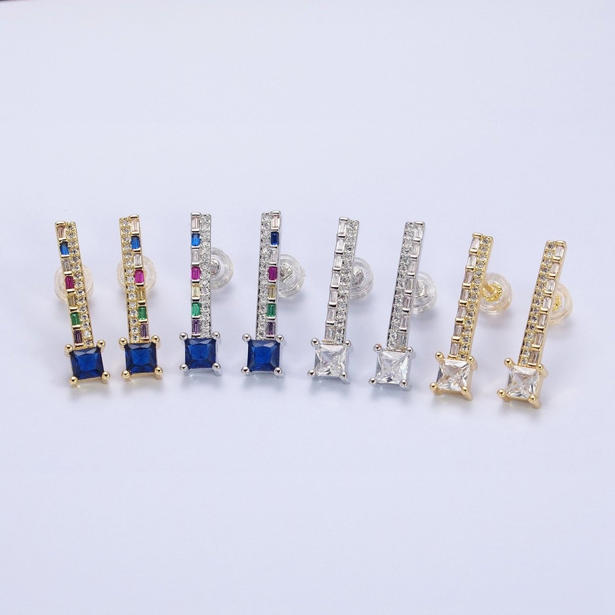 14K Gold Filled Clear, Blue Multicolor Baguette Micro Paved Square CZ Linear Drop Stud Earrings  in Gold & Silver | AB1519 - AB1522