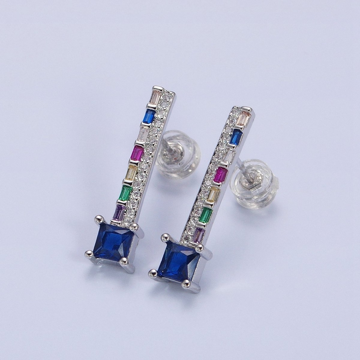 14K Gold Filled Clear, Blue Multicolor Baguette Micro Paved Square CZ Linear Drop Stud Earrings  in Gold & Silver | AB1519 - AB1522
