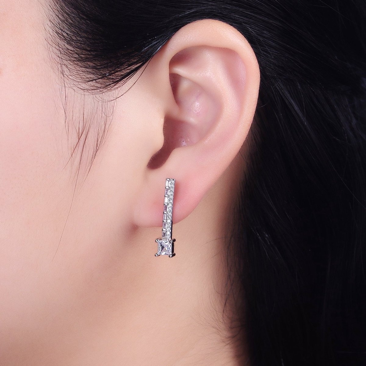 14K Gold Filled Clear, Blue Multicolor Baguette Micro Paved Square CZ Linear Drop Stud Earrings  in Gold & Silver | AB1519 - AB1522