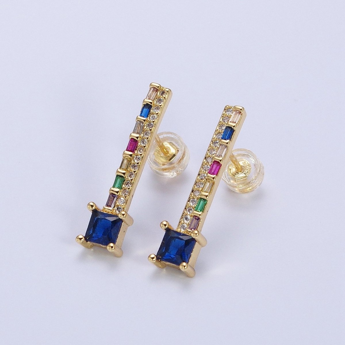 14K Gold Filled Clear, Blue Multicolor Baguette Micro Paved Square CZ Linear Drop Stud Earrings  in Gold & Silver | AB1519 - AB1522