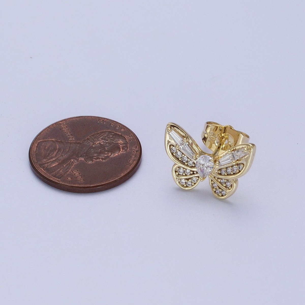14K Gold Filled Clear Butterfly Mariposa Baguette Micro Paved Stud Earrings | V-014