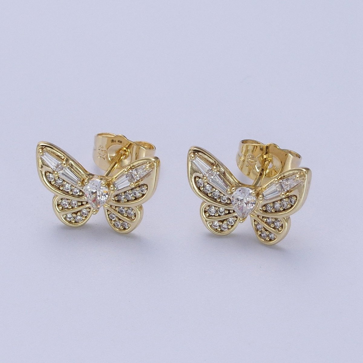14K Gold Filled Clear Butterfly Mariposa Baguette Micro Paved Stud Earrings | V-014
