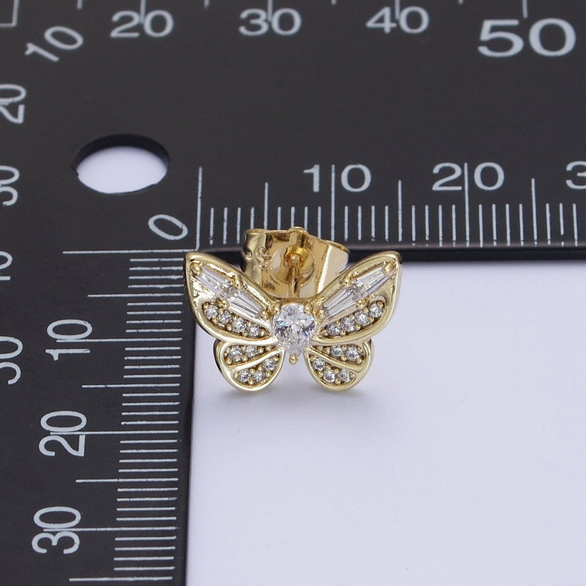 14K Gold Filled Clear Butterfly Mariposa Baguette Micro Paved Stud Earrings | V-014