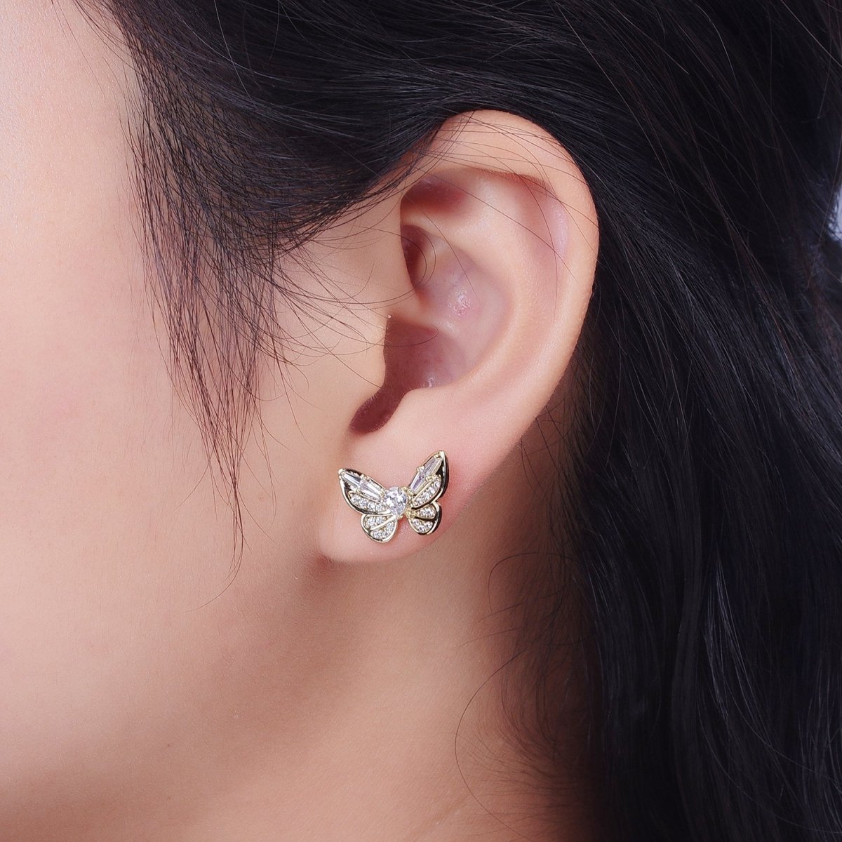 14K Gold Filled Clear Butterfly Mariposa Baguette Micro Paved Stud Earrings | V-014