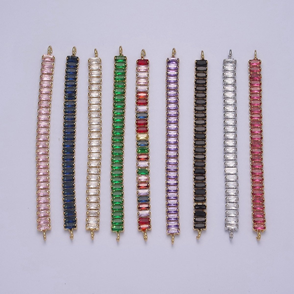 14k Gold Filled Clear / Colorful CZ Rectangular Baguette Paved connector Bendable Long Bar Connector for DIY Bracelet Component F-010 F-011 F-017 F-025 F-026 F-028 F-033 F-037 F-046