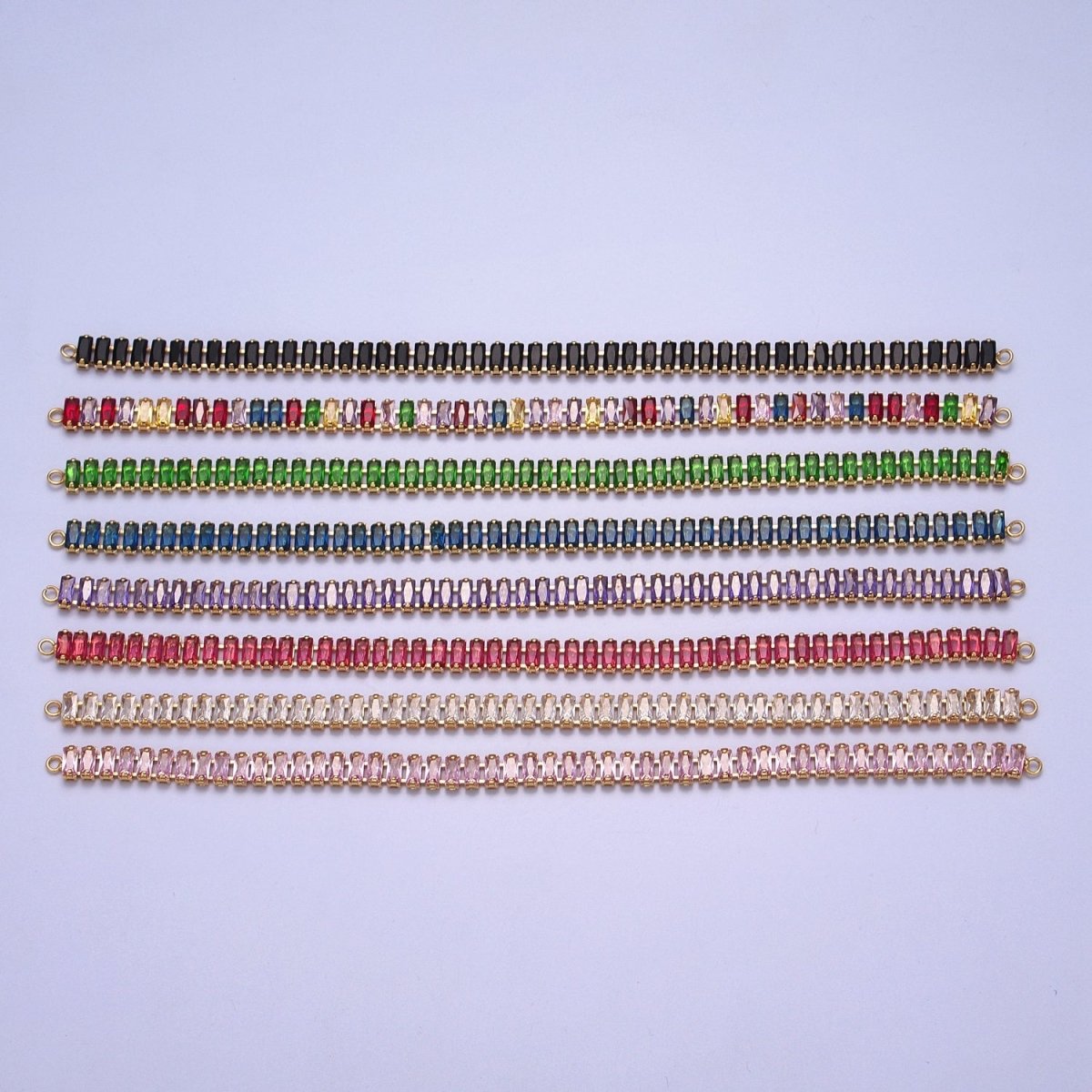 14k Gold Filled Clear / Colorful CZ Rectangular Baguette Paved connector Bendable Long Bar Connector for DIY Bracelet Necklace Component F-246 F-266 F-271 F-292  F-305 F-324 F-371 F-396
