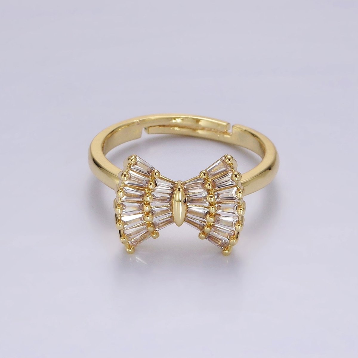 14K Gold Filled Clear CZ Baguette Bow Ribbon Adjustable Ring | O1084