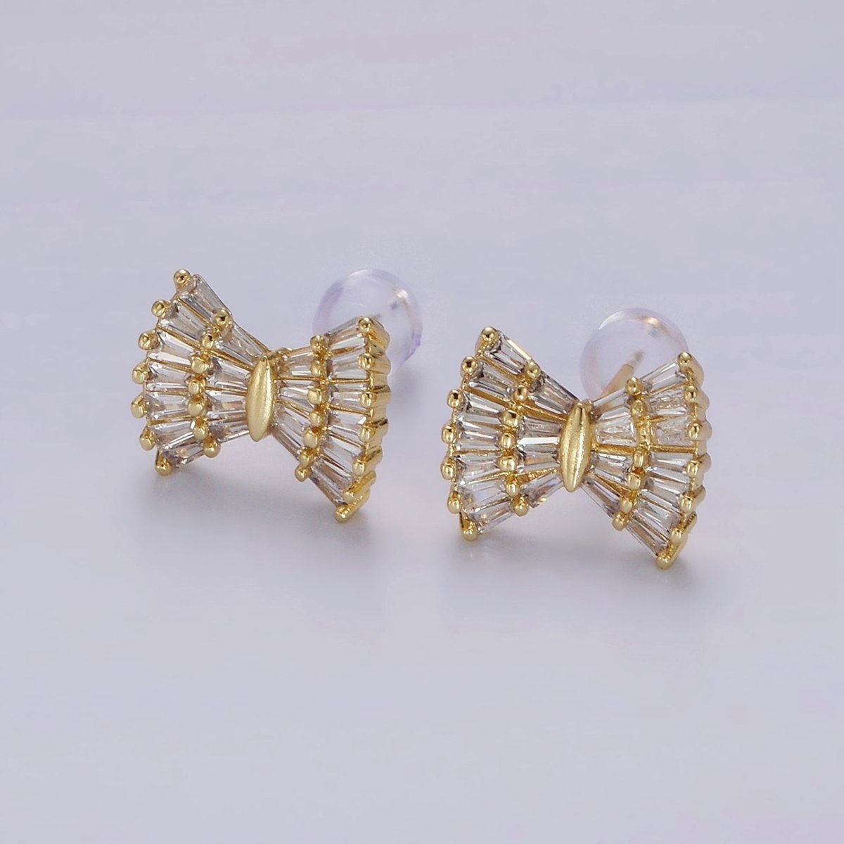 14K Gold Filled Clear CZ Baguette Bow Ribbon Stud Earrings | AE138