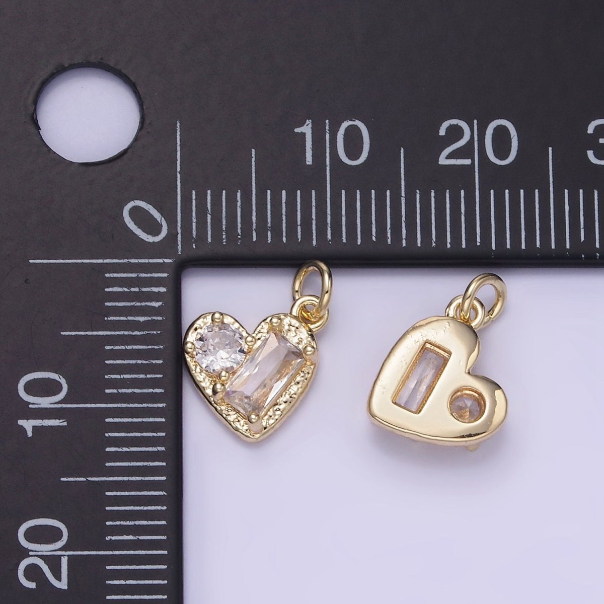 14K Gold Filled Clear CZ Baguette Round Hammered Heart Mini Charm | W547