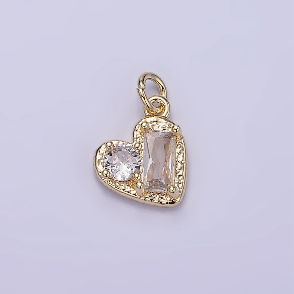 14K Gold Filled Clear CZ Baguette Round Hammered Heart Mini Charm | W547