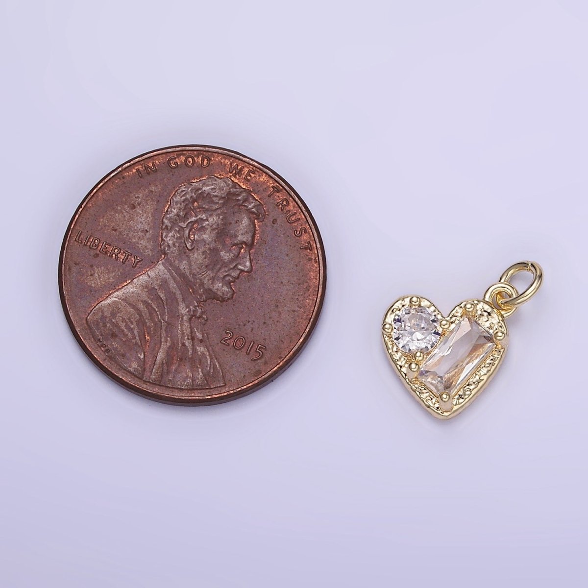 14K Gold Filled Clear CZ Baguette Round Hammered Heart Mini Charm | W547