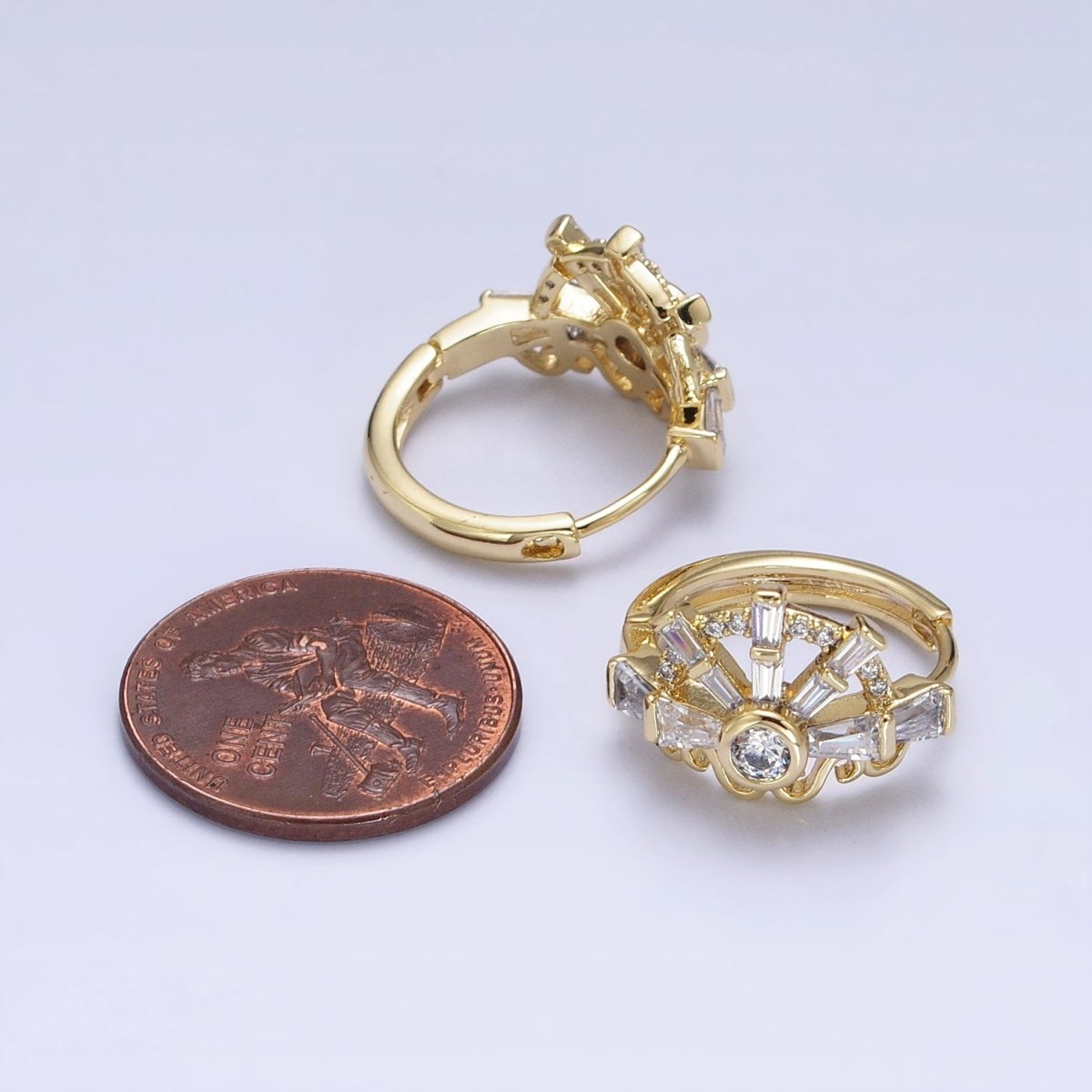 14K Gold Filled Clear CZ Baguette S Lined Geometric Huggie Earrings | AD1385
