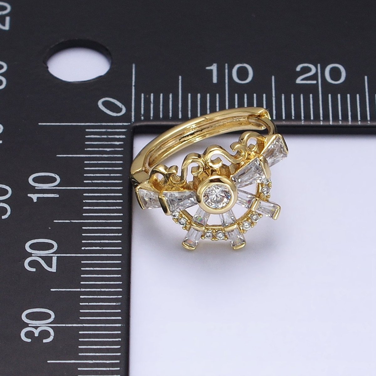 14K Gold Filled Clear CZ Baguette S Lined Geometric Huggie Earrings | AD1385