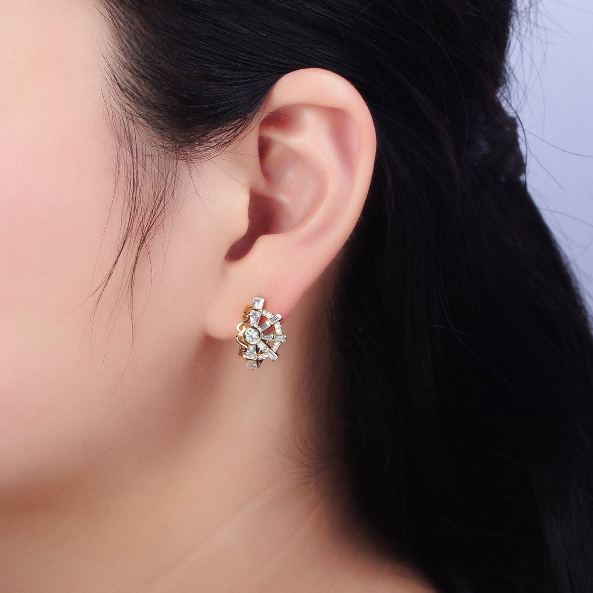 14K Gold Filled Clear CZ Baguette S Lined Geometric Huggie Earrings | AD1385