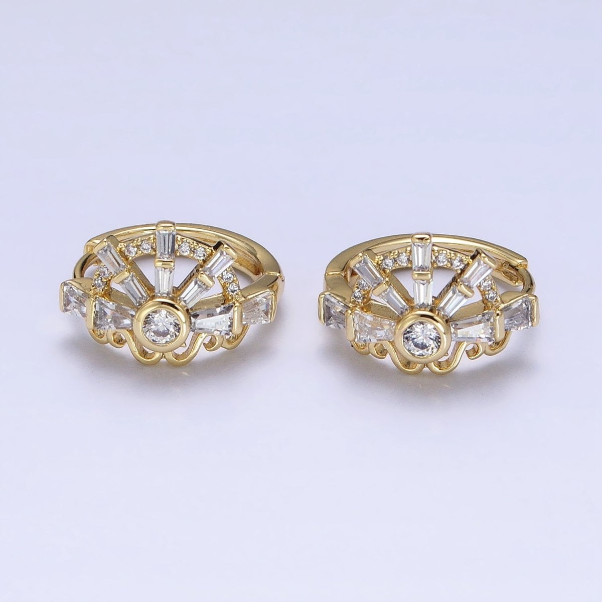 14K Gold Filled Clear CZ Baguette S Lined Geometric Huggie Earrings | AD1385
