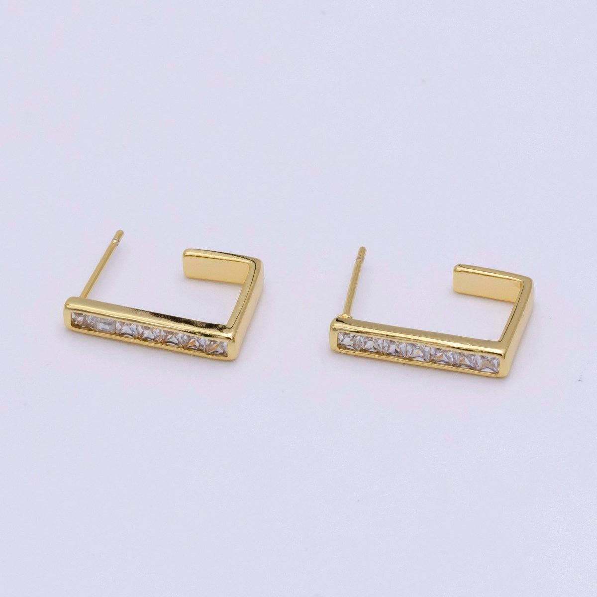 14K Gold Filled Clear CZ Baguette Square Lined J-Shaped Hoop Earrings | AE196