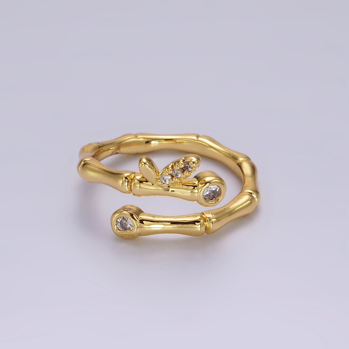 14K Gold Filled Clear CZ Bamboo Leaf Nature Wrap Ring | O1169