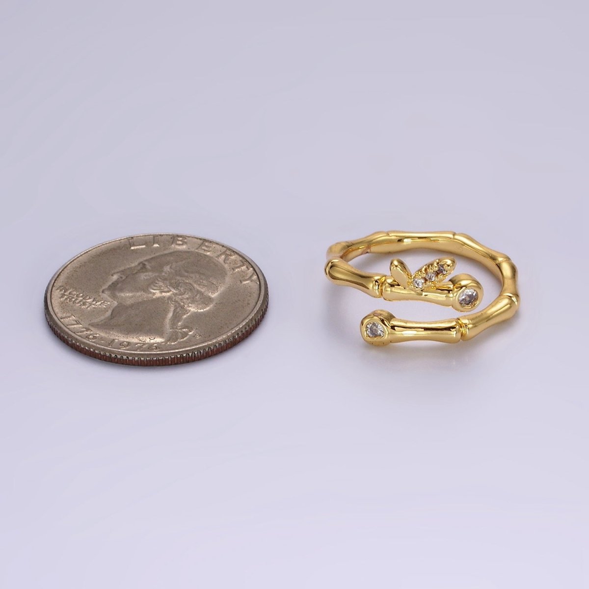 14K Gold Filled Clear CZ Bamboo Leaf Nature Wrap Ring | O1169