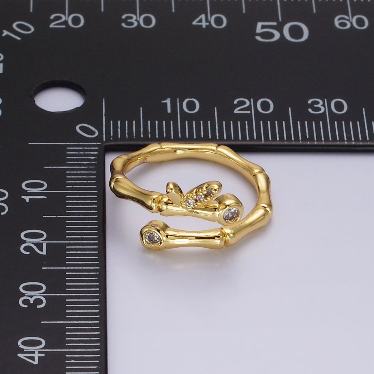 14K Gold Filled Clear CZ Bamboo Leaf Nature Wrap Ring | O1169