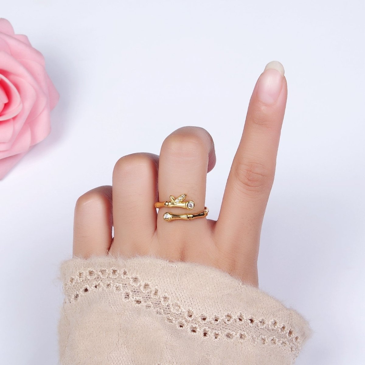 14K Gold Filled Clear CZ Bamboo Leaf Nature Wrap Ring | O1169