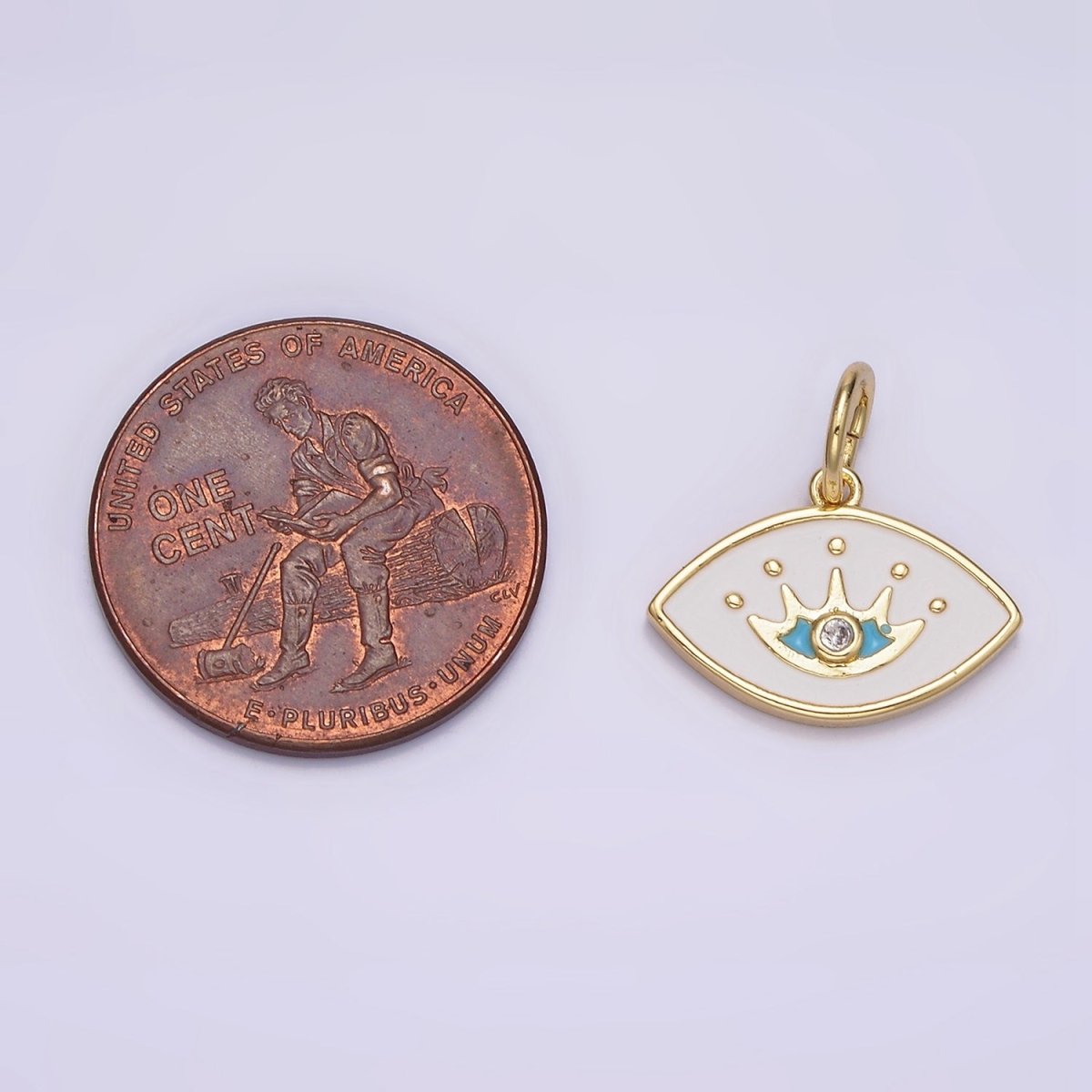 14K Gold Filled Clear CZ Blue Splatter White Enamel Evil Eye Charm | N986