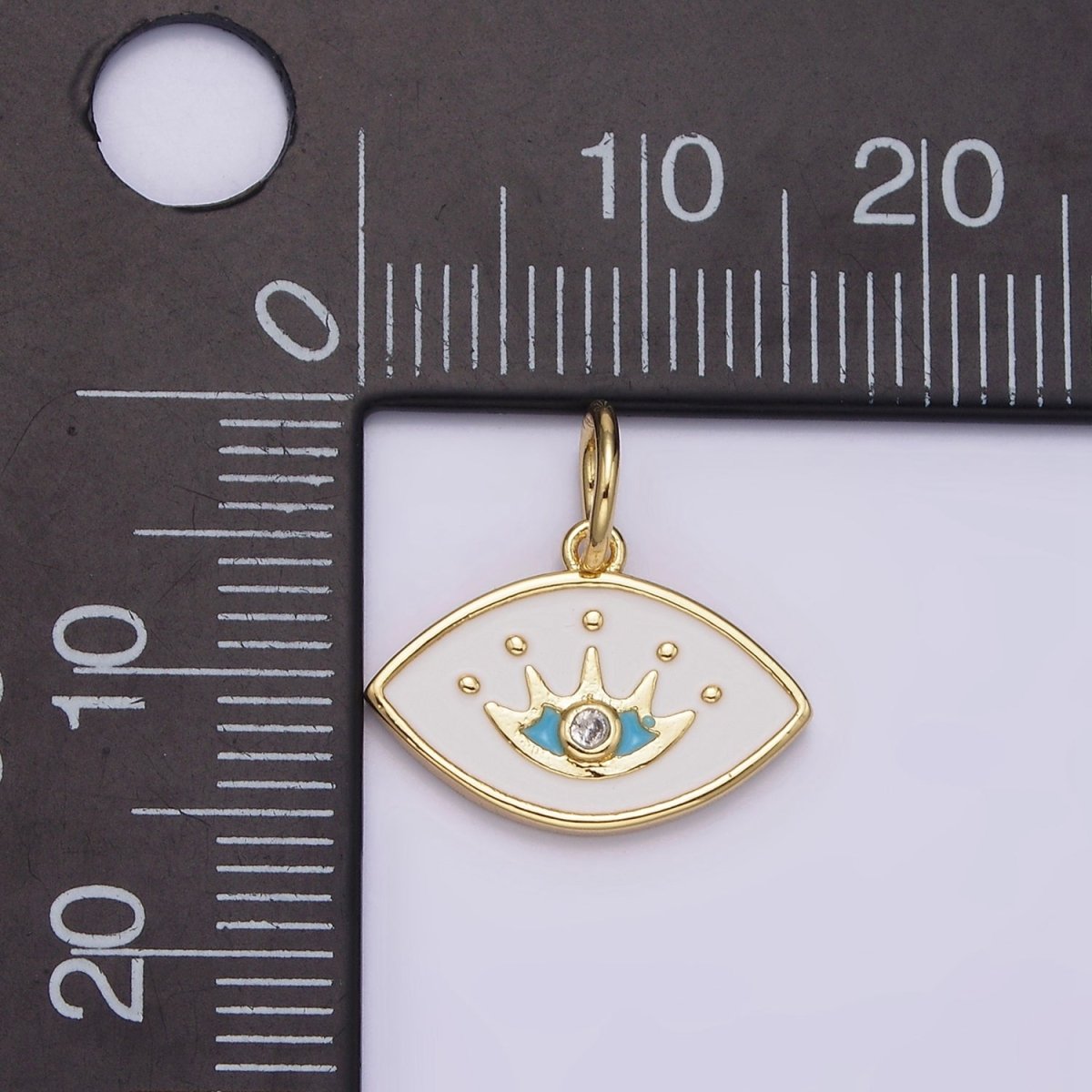 14K Gold Filled Clear CZ Blue Splatter White Enamel Evil Eye Charm | N986