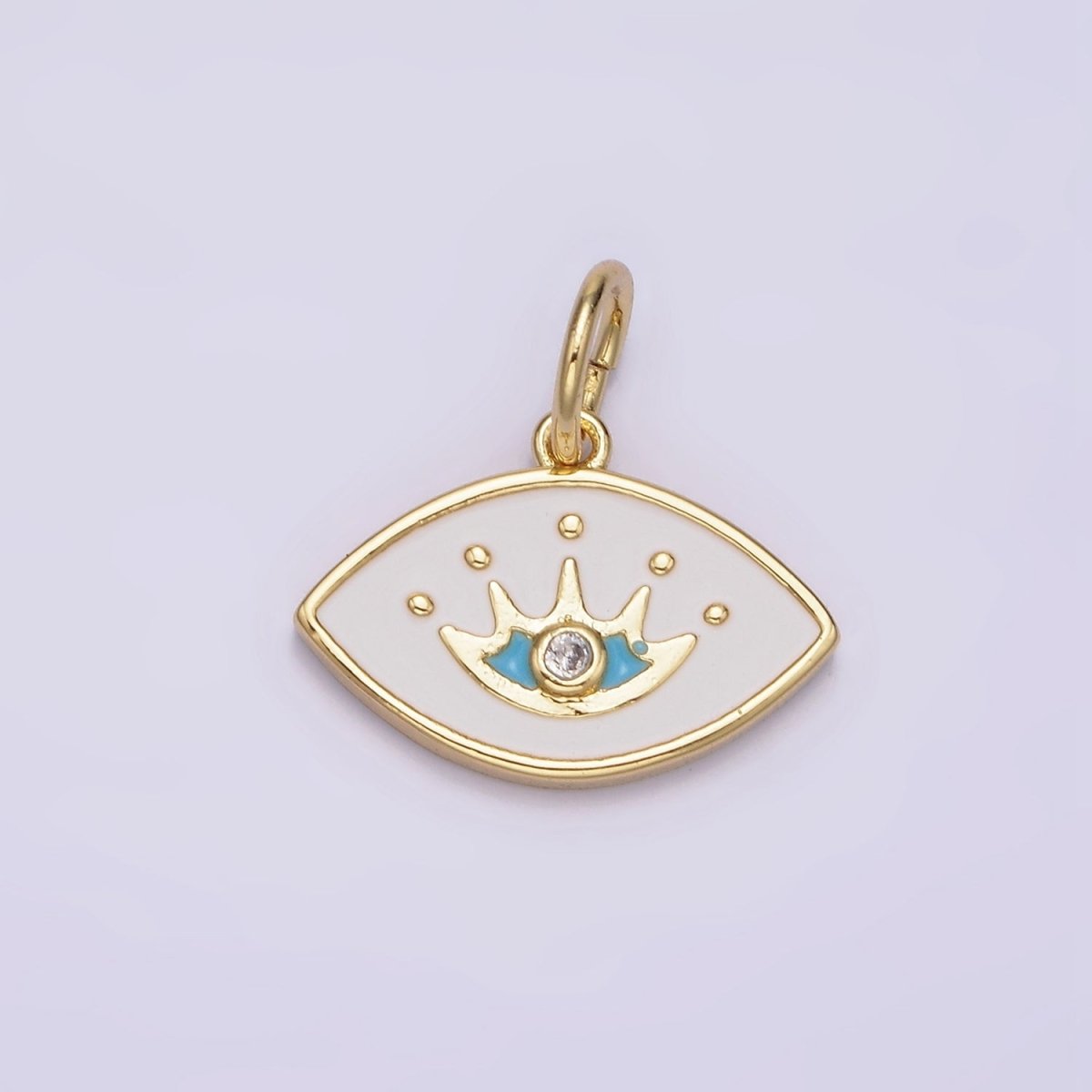 14K Gold Filled Clear CZ Blue Splatter White Enamel Evil Eye Charm | N986