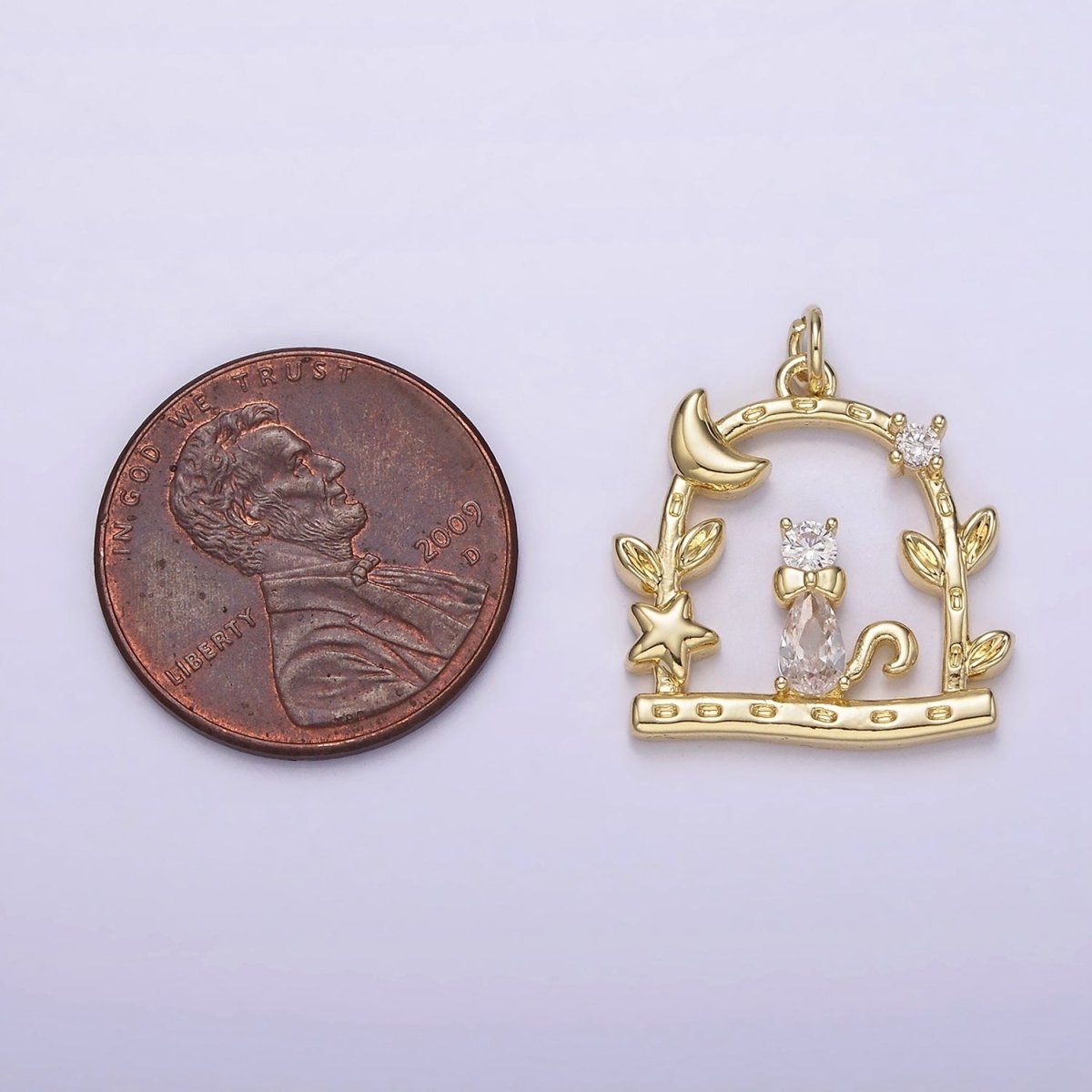 14K Gold Filled Clear CZ Cat Animal Pet Celestial Crescent Moon Star Night Leaf Dented Open Gate Garden Charm | AG248