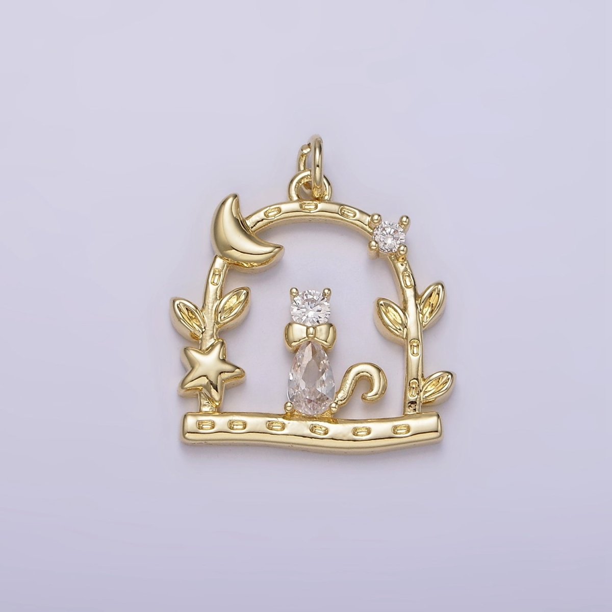 14K Gold Filled Clear CZ Cat Animal Pet Celestial Crescent Moon Star Night Leaf Dented Open Gate Garden Charm | AG248
