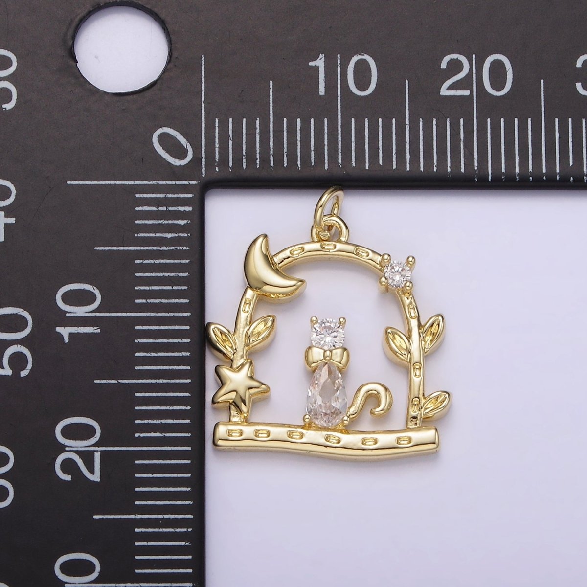 14K Gold Filled Clear CZ Cat Animal Pet Celestial Crescent Moon Star Night Leaf Dented Open Gate Garden Charm | AG248