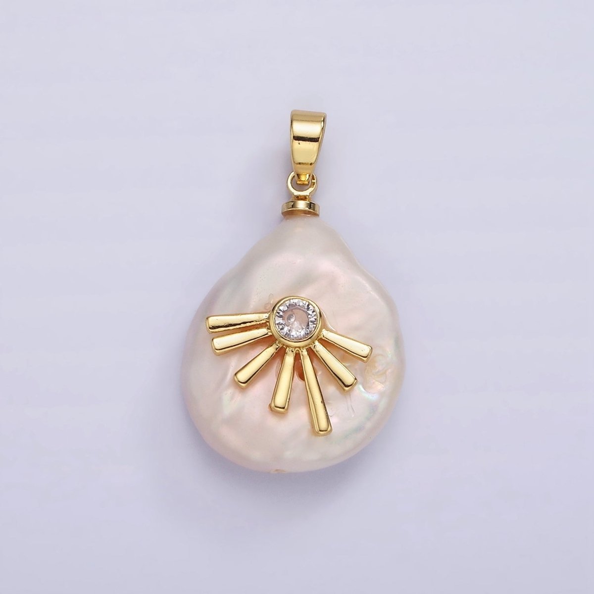14K Gold Filled Clear CZ Celestial Sun Ray Keshi Freshwater Pearl Pendant | P1666