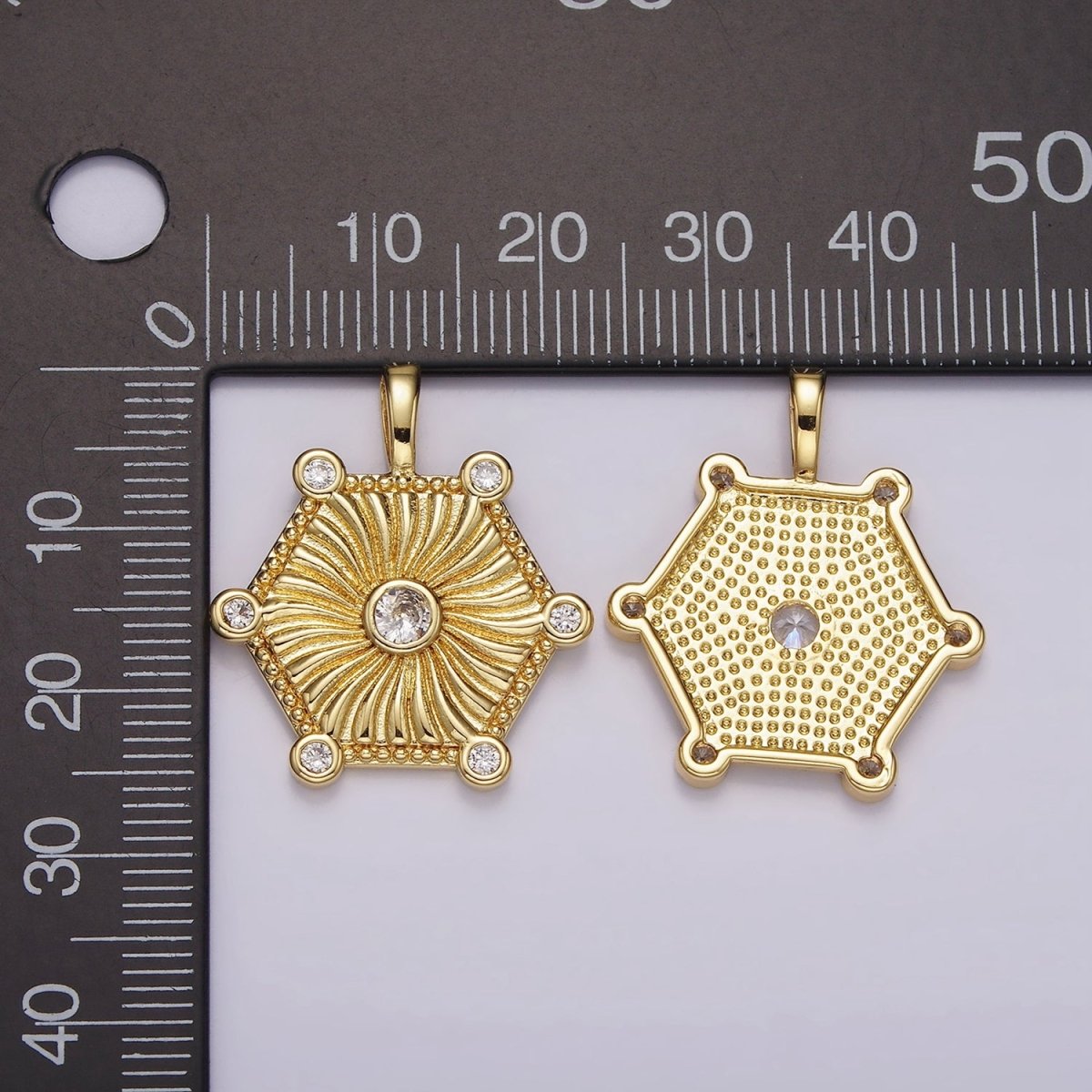 14K Gold Filled Clear CZ Curved Sunburst Dotted Hexagonal Pendant | AH087
