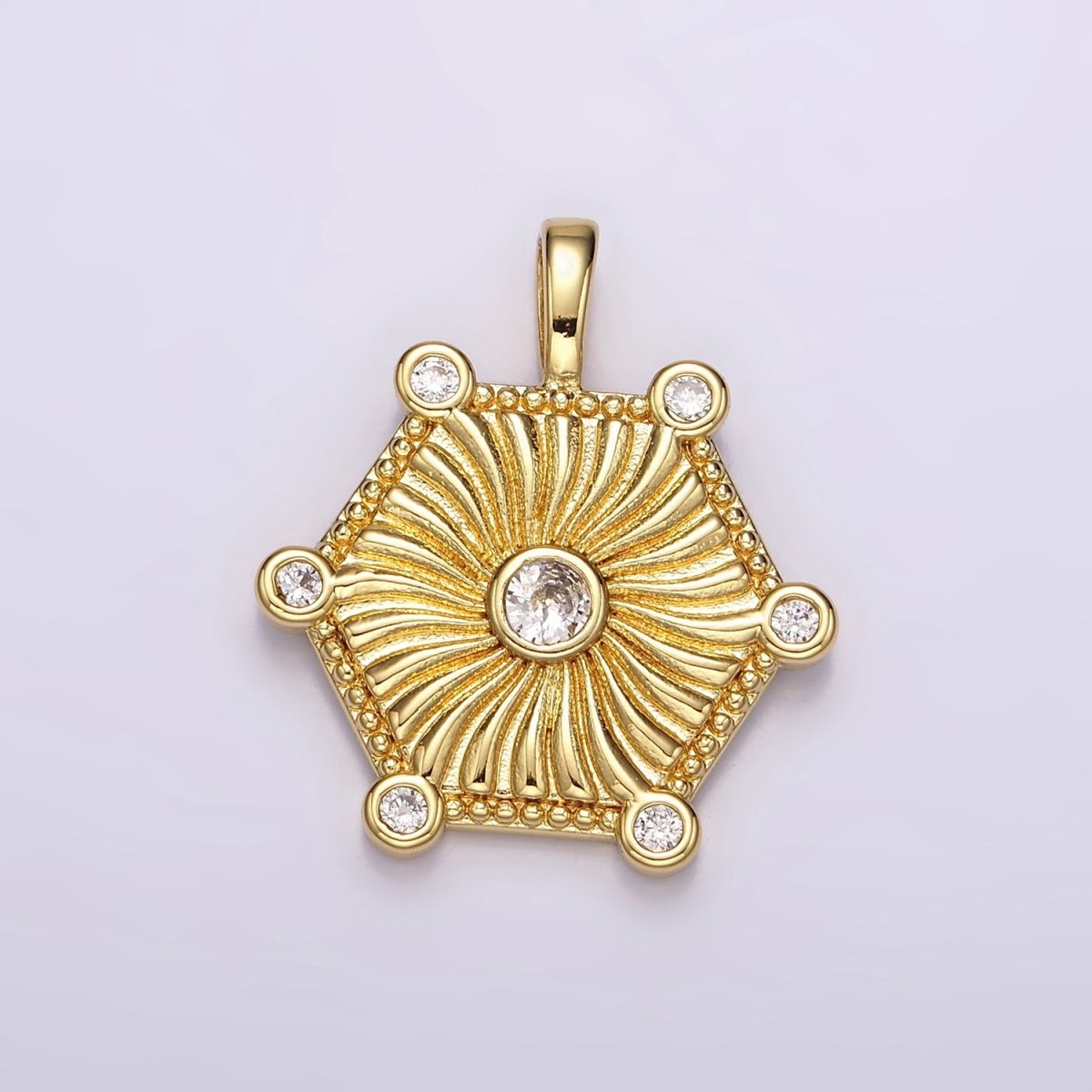 14K Gold Filled Clear CZ Curved Sunburst Dotted Hexagonal Pendant | AH087