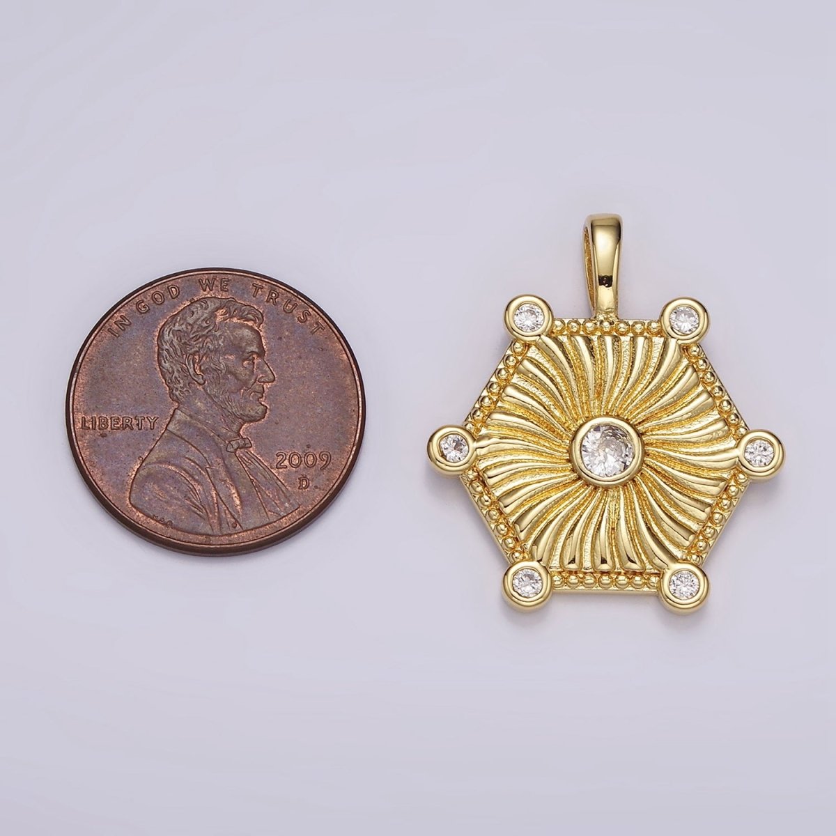 14K Gold Filled Clear CZ Curved Sunburst Dotted Hexagonal Pendant | AH087