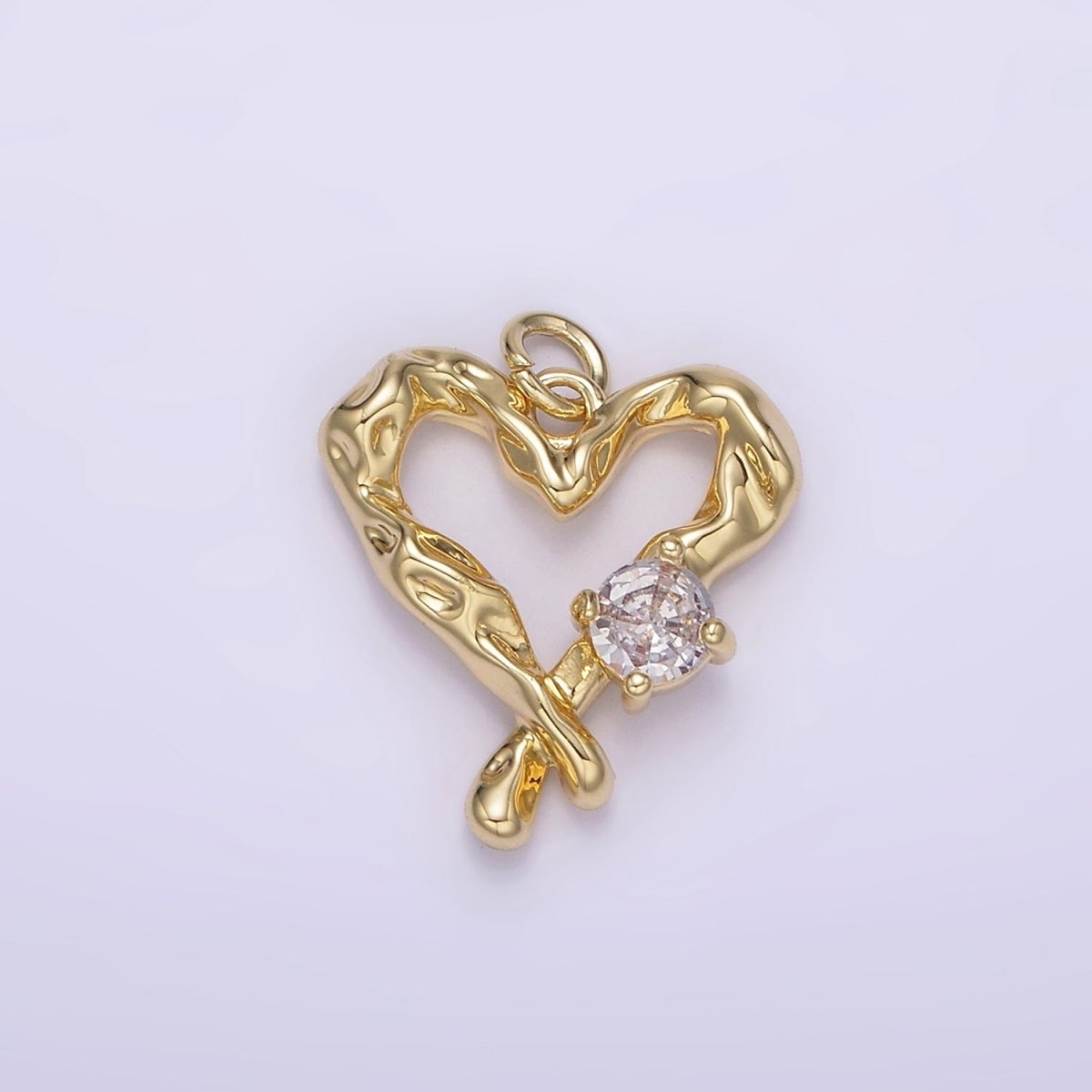 14K Gold Filled Clear CZ Dented Molten Open Heart Charm | AG190