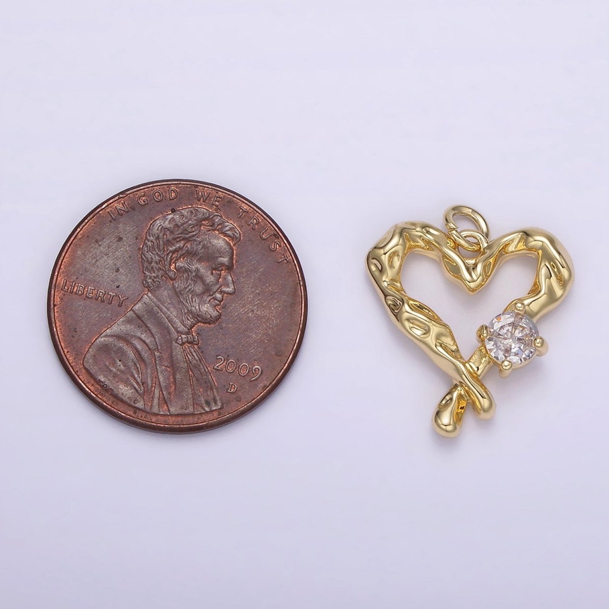 14K Gold Filled Clear CZ Dented Molten Open Heart Charm | AG190