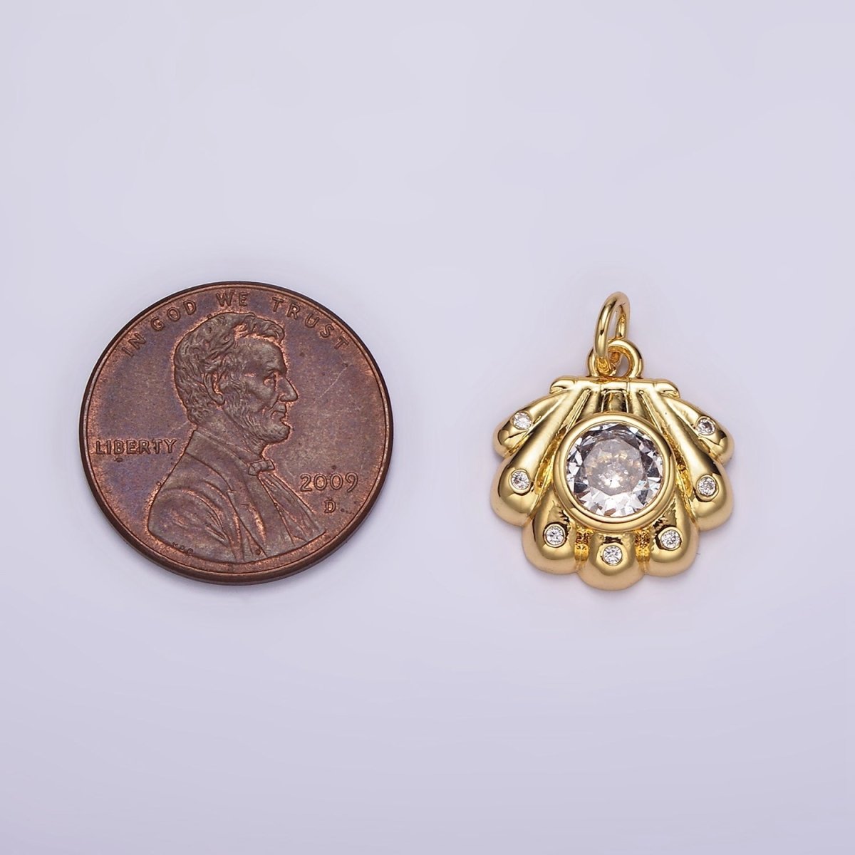 14K Gold Filled Clear CZ Dotted Sea Clam Shell Charm | AG512