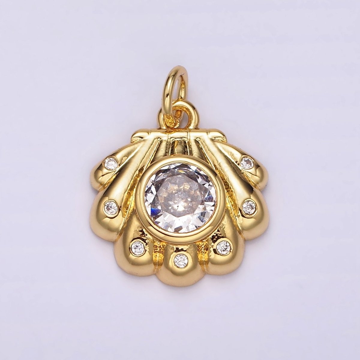 14K Gold Filled Clear CZ Dotted Sea Clam Shell Charm | AG512