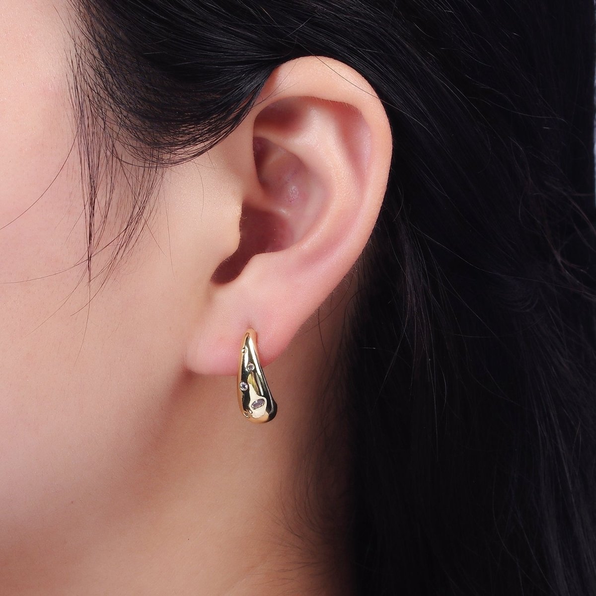 14K Gold Filled Clear CZ Dotted Teardrop Drip J-Shaped Hoop Earrings | V454