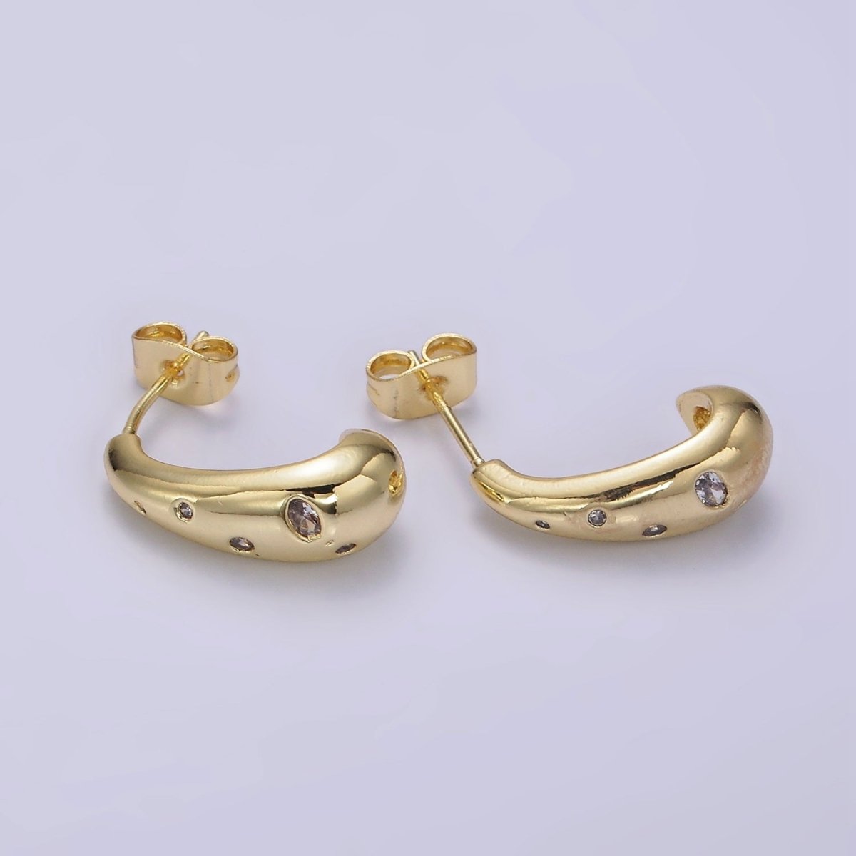 14K Gold Filled Clear CZ Dotted Teardrop Drip J-Shaped Hoop Earrings | V454