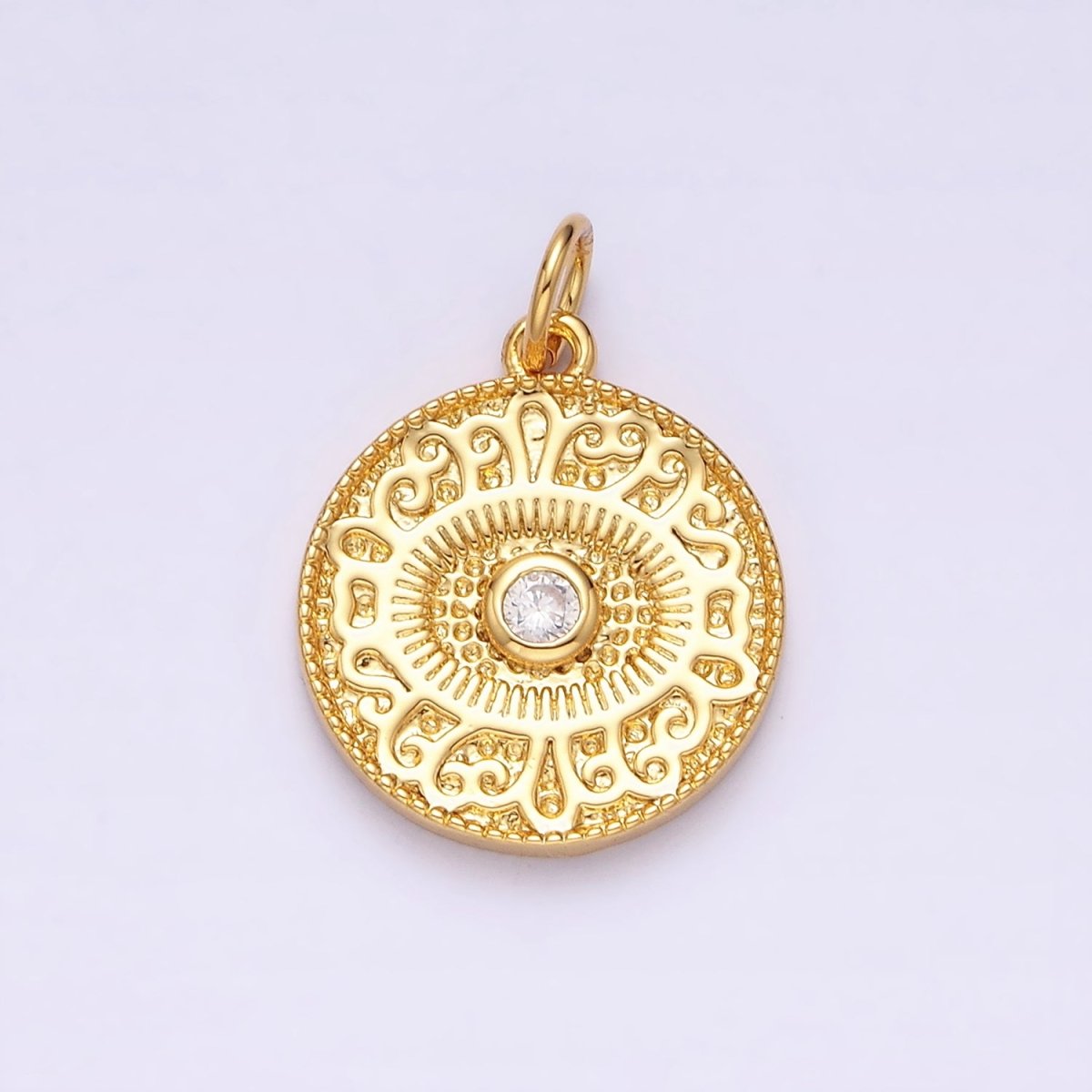 14K Gold Filled Clear CZ Evil Eye Artisan Textured Round Charm | AC1299