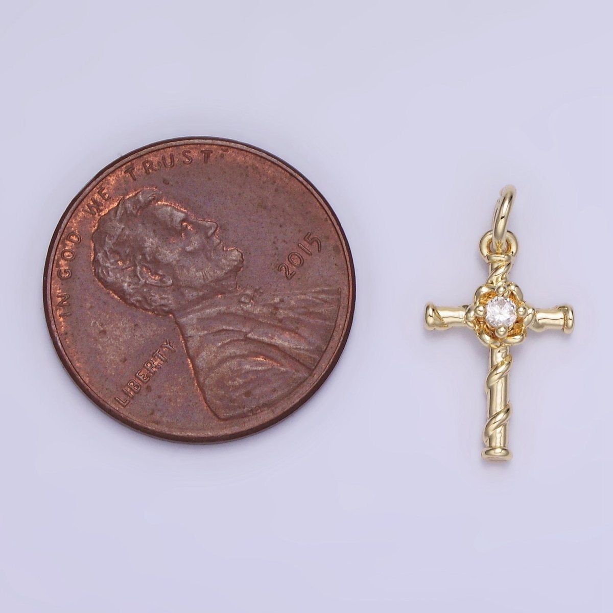14K Gold Filled Clear CZ Flow Curling Band Religious Cross Charm | AG718