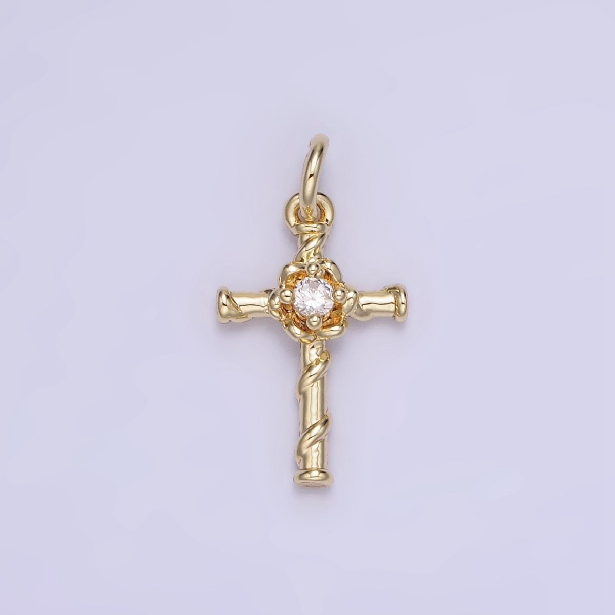 14K Gold Filled Clear CZ Flow Curling Band Religious Cross Charm | AG718