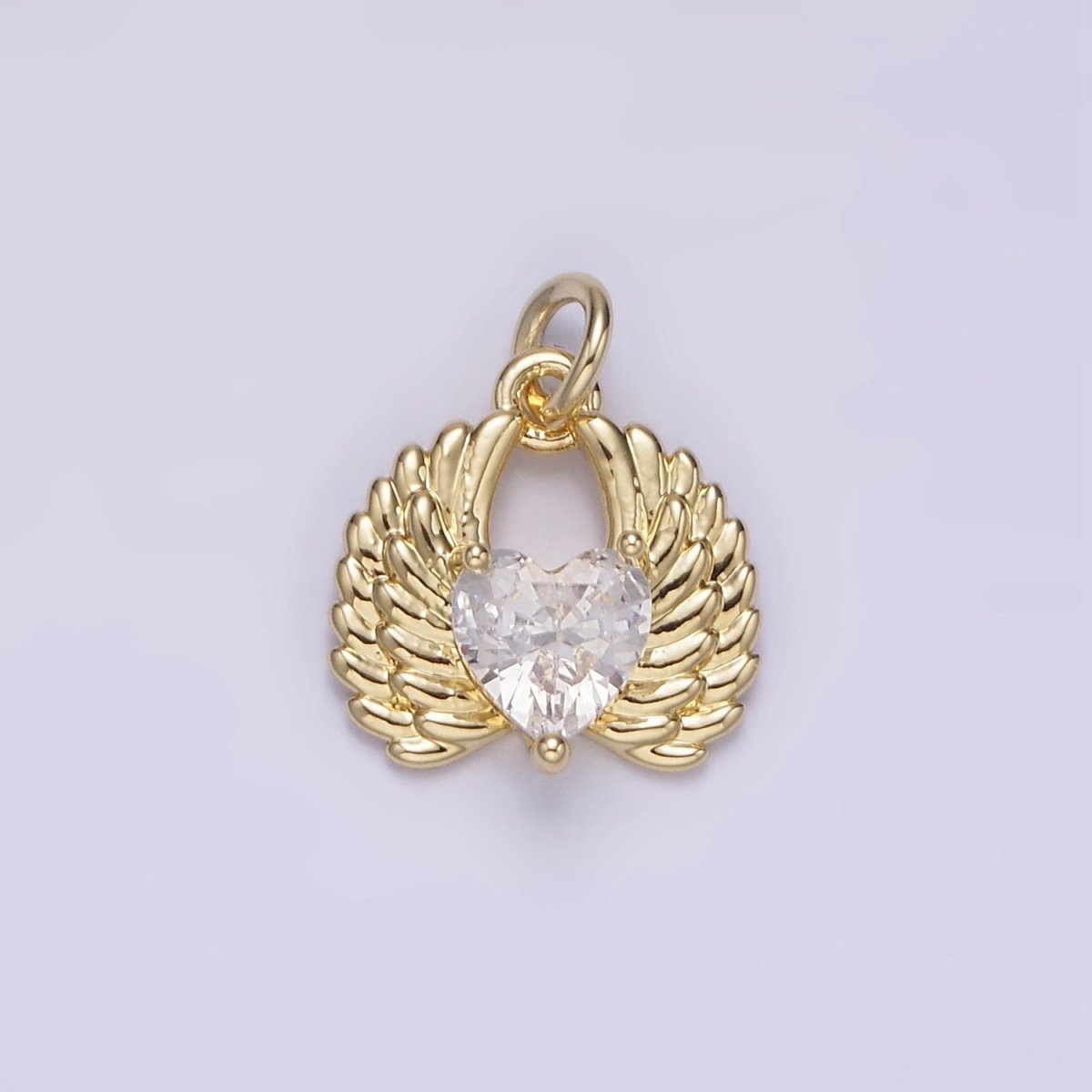 14K Gold Filled Clear CZ Heart Angel Wings Charm | AG228