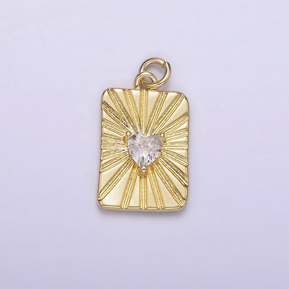 14K Gold Filled Clear CZ Heart Celestial Sun burst Ray Tag Rectangular Charm | AG214